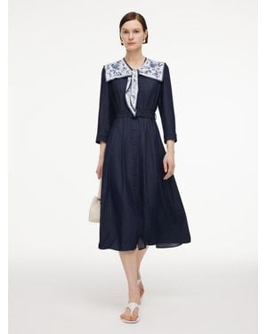 GOELIA V-Neck Belted Maxi Dress With Detachable Floral Print Silk Collar - Blue