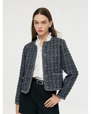 GOELIA Wool Blend Tweed Sequins Crop Jacket - Blue