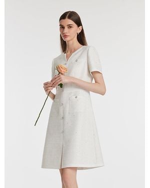 GOELIA Gathered Waist Single-Breasted Sequins Tweed Mini Dress With Patch Pockets - White