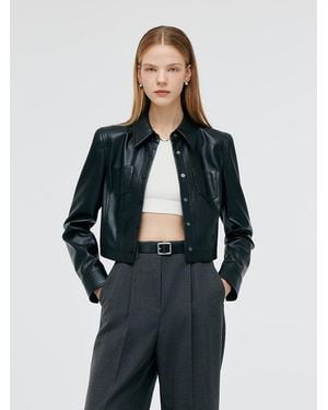 GOELIA Pu Leather Lapel Double-Breasted Jacket - Blue