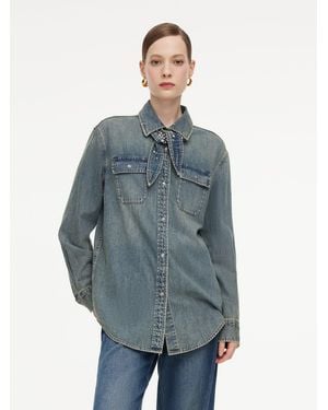 GOELIA Tencel Cotton Blend Denim Shirt With Detachable Rhinestone Ties - Blue