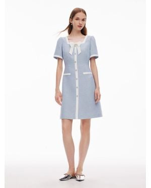 GOELIA Acetate Blend Sequins Tweed Contrast Trim Mini Dress - Blue