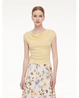 GOELIA Tencel Mulberry Silk Cowl Neck Cap Sleeve Knit Top - Natural