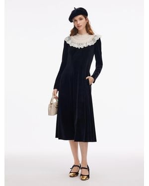 GOELIA Velvet Sheer Lace Collar Midi Dress With Beret - Blue
