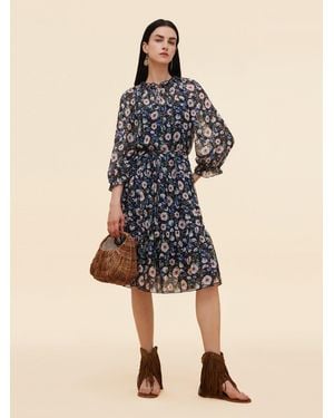 GOELIA 10Mm Mulberry Silk Floral Print Ruffle Collar Midi Dress - Natural