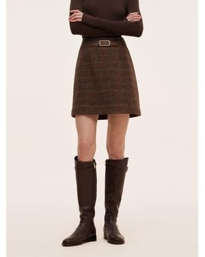 GOELIA 100% Wool Plaid Skirt With Leather Belt - Natural
