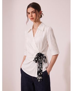 GOELIA 100% Cotton Side Twist Blouse With Silky Scarf - Natural
