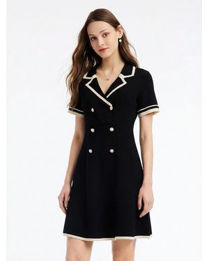 GOELIA Tencel Blend Contrast Trim Lapel Knit Mini Dress - Black