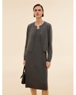 GOELIA Beaded Sequins Cardigan And Pleated Sleeveless Midi Dress Two-Piece Set - Natural