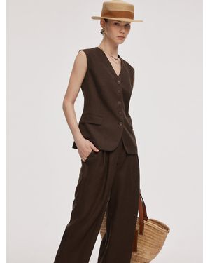 GOELIA 100% Linen V-Neck Vest - Brown