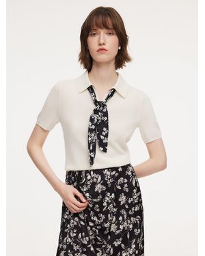 GOELIA Tencel Blend Knit Top With Floral Print Scarf - White