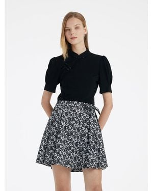 GOELIA Mandarin Collared Knitted Top And Short Mamianqun Two-Piece Set - Black