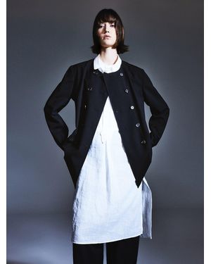 GOELIA Machine Washable Wool Blend H-Line Double-Breasted Coat - Blue