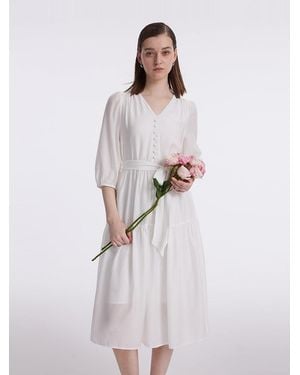 GOELIA V-Neck Gathered Waist Midi Dress - White