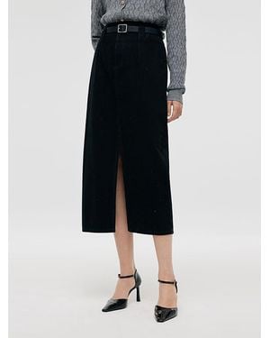 GOELIA Denim Rhinestone Slit Skirt With Belt - Black