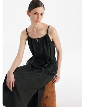 GOELIA 18 Momme Xiang Yun Silk Spaghetti Strap Maxi Dress With 3D Rose Belt - Black
