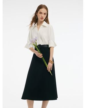 GOELIA Faux Two-Piece Color Block Midi Dress With Leather Belt - White