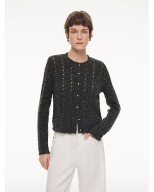 GOELIA Alpaca Wool Blend Frayed Edges Open-Knit Cardigan - Black