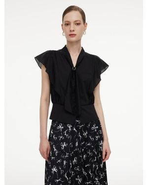 GOELIA Lyocell Blend Ruffle Sleeve Blouse With Detachable Scarf Buckle - Black