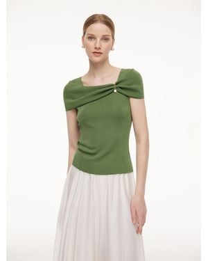 GOELIA Lyocell Blend Off Shoulder Knit Top With Detachable Magnetic Flower - Green