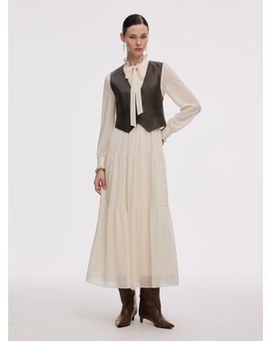 GOELIA Chiffon Tie Front Maxi Dress And Pu Leather Vest Two-Piece Set - Natural