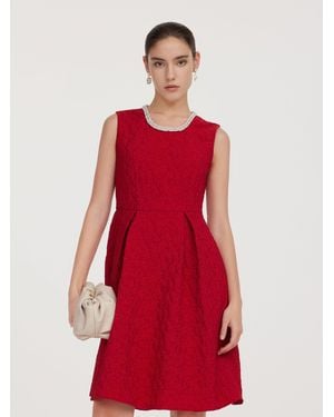 GOELIA Jacquard Beaded Round Neck Sleeveless Mini Dress - Red