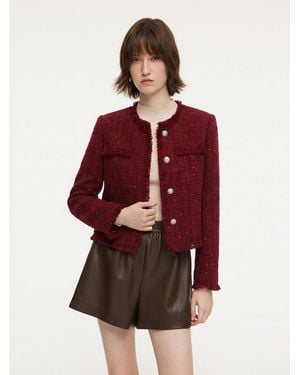 GOELIA Wool Blend Tweed Sequins Fringe Trim Jacket - Red