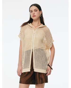 GOELIA Sequins Stretch Zip-Up Openwork Hooded Cardigan - Natural