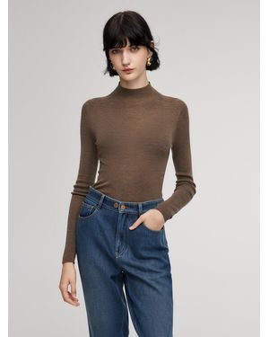 GOELIA 100% Wool Seamless Mock Neck Knit Top - Blue