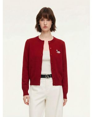 GOELIA 100% Wool Color Block Pony Embroidered Cardigan