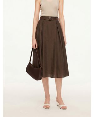 GOELIA Tencel Linen Blend A-Line Skirt With Leather Belt - Brown