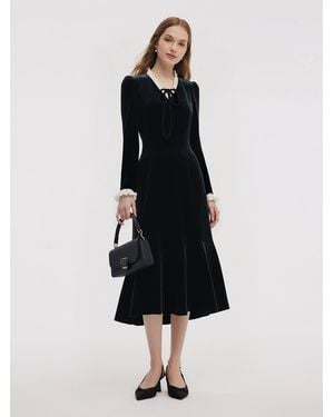 GOELIA Velvet Tie-Front Ruffle V-Neck Midi Dress With Scrunchie - Blue