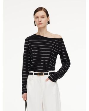 GOELIA Tencel Mulberry Silk Blend Boat Neck Stripe Knit Top - Black
