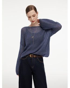 GOELIA Cashmere Mulberry Silk Blend Boat Neck Knit Top - Blue