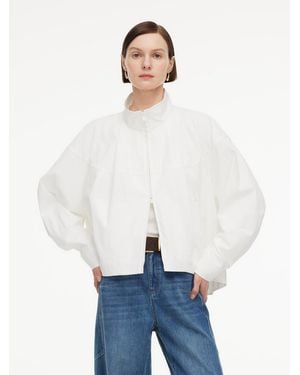 GOELIA Cotton Blend Bubble Hem Crinkle Cropped Zip Jacket - White
