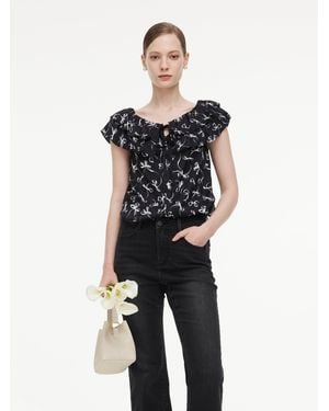 GOELIA Jacquard Ribbon Print Tie Front Ruffle Blouse - Blue