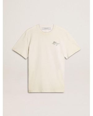 Golden Goose T-Shirt With Print On The Chest And On The Back With A Lived-In Effect - Natural