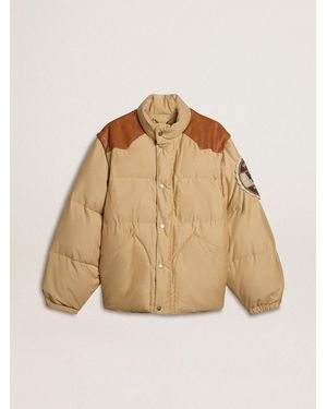 Golden Goose Bomber Jacket With Leather And Patch Details - Natural