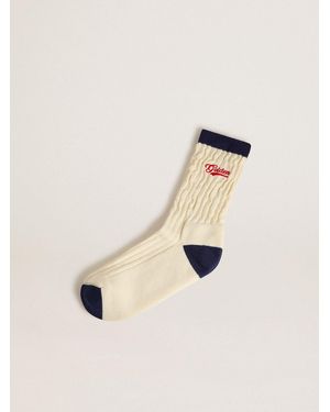 Golden Goose Calzini Color Panna A Coste Con Dettagli Blu E Logo Rosso, Uomo, Taglia - Neutro