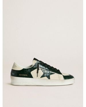 Golden Goose Stardan Ltd Pour Homme En Cuir Crème Avec Étoile Et Empiècements En Cuir Imprimé Croco Vert, Homme, Taille - Multicolore