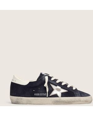 Golden Goose Super-Star Femme En Cuir Velours Bleu Marine Avec Étoile Argentée, Femme, Taille