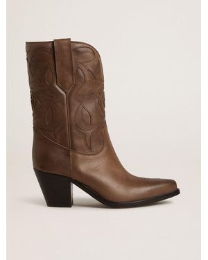 Golden Goose Bottes Wish Star En Cuir Gris Tourterelle Avec Détails Incrusté Ton Sur Ton, Femme, Taille - Marron