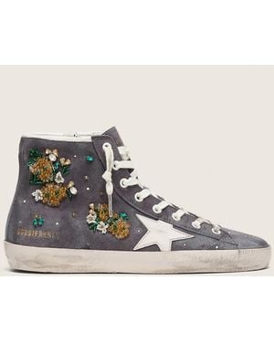 Golden Goose Francy Femme En Cuir Velours Gris Foncé Avec Étoile Blanche Et Application De Perles Et Cristaux, Femme, Taille