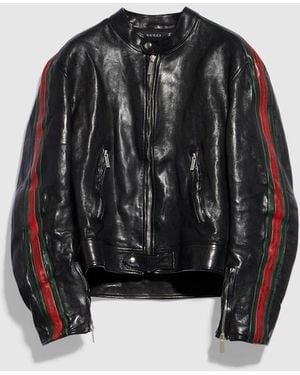 Gucci Calf Leather Bomber Jacket With Web, Ready-To-Wear - Black