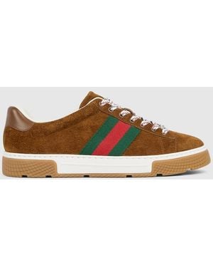 Gucci Ace Sneaker With Web, Suede - Brown
