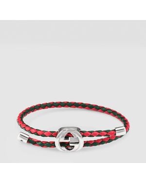Gucci Braided Leather Bracelet With Web - Red