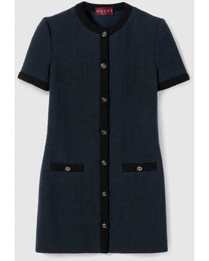 Gucci Wool Textured Tweed Dress - Blue