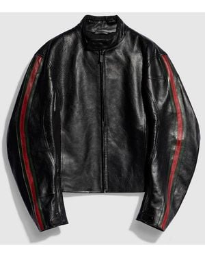 Gucci Leather Biker Jacket With Web Detail, Size 56 It, Ready-To-Wear - Black