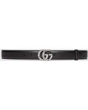 Gucci クリスタル付き ダブルG スリムベルト, ブラック, レザー