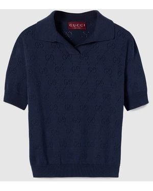 Gucci Gg Pointelle Cotton Silk Polo Shirt - Blue